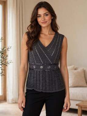 Beta's Choice Beaded Sequin Top L- XL Charcoal Grey V-Neck Evening Party